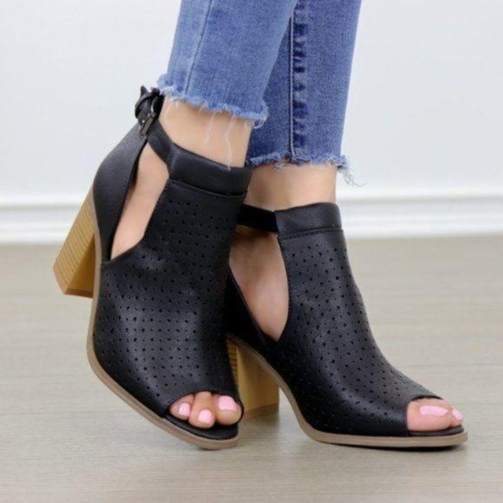 Peep Toe Black Faux Leather Heeled Ankle Boots - Picture 7 of 7
